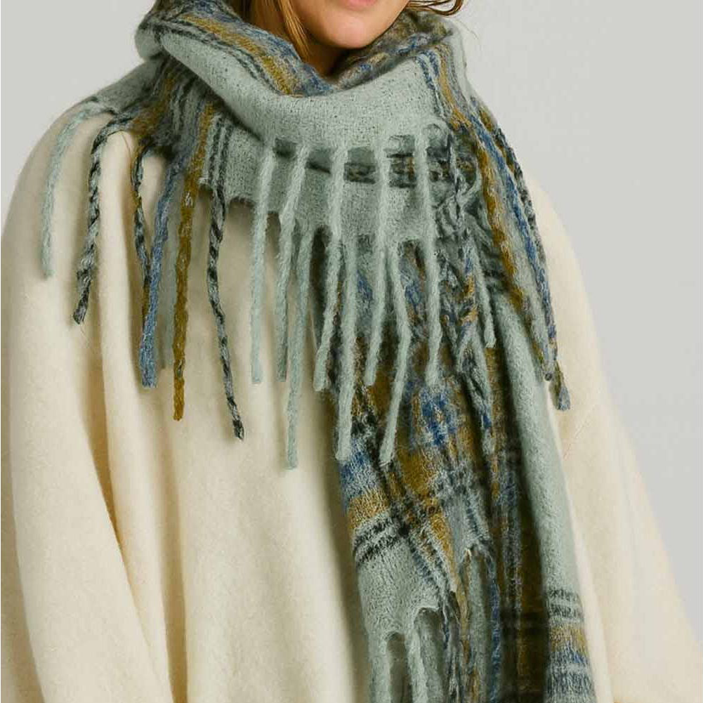 Fringed Knit Scarf - Mint Plaid - Sweetkama - S&H