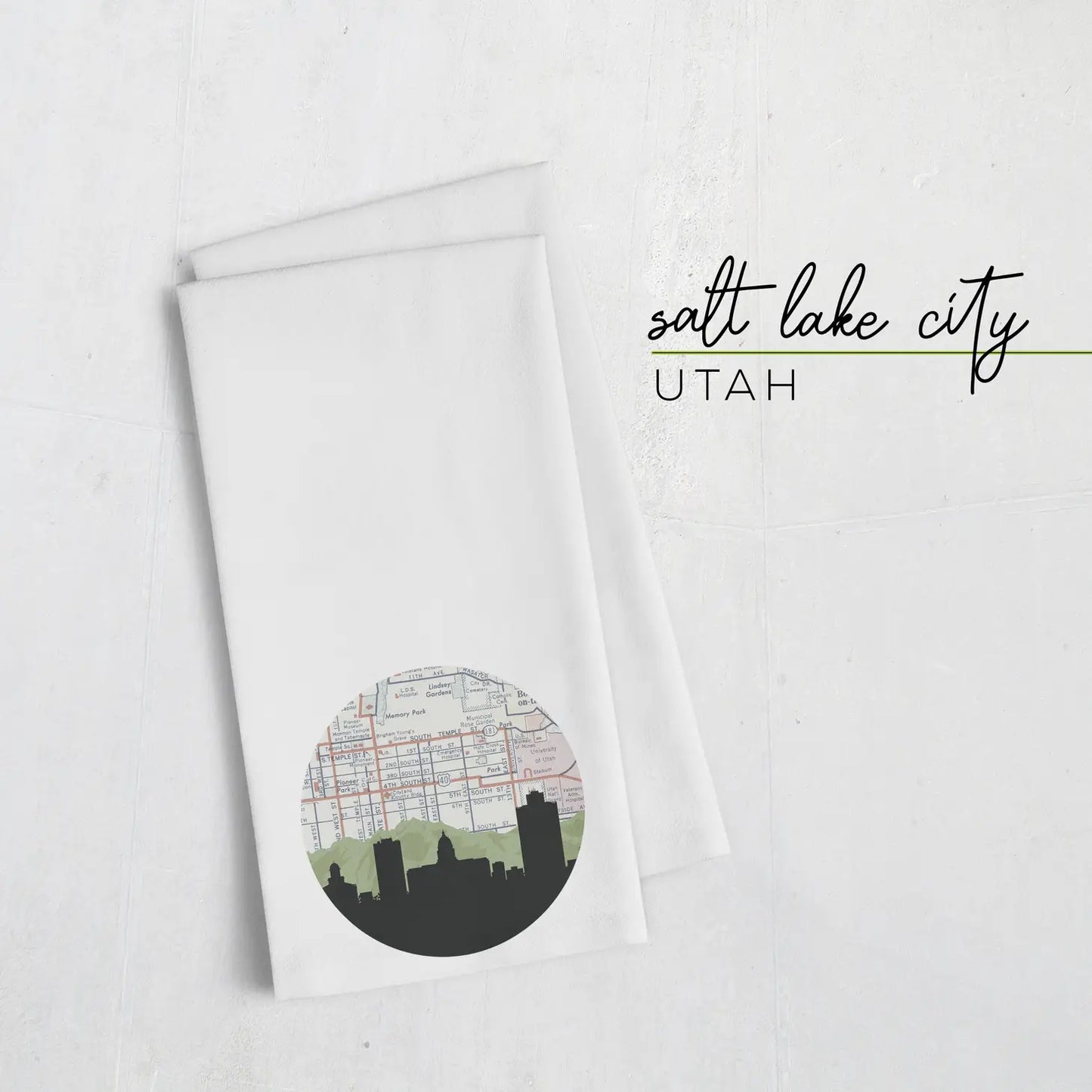 Salt Lake City Utah City Tea Towel | Map and Skyline - Paperfinch Designs
