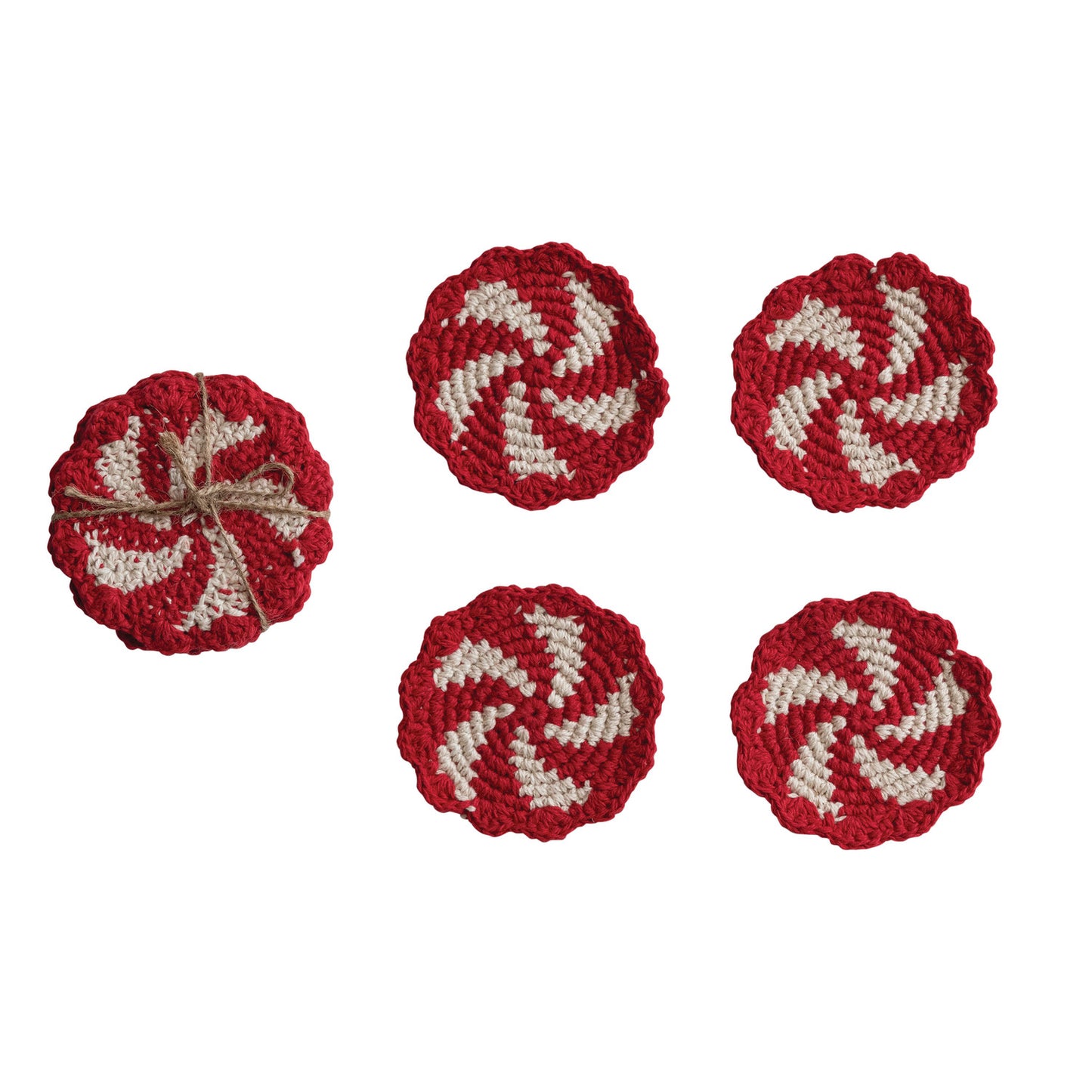Crocheted Peppermint Candy Coasters - Set of 4 - Creative Co Op - S&H
