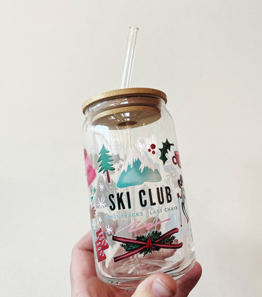 Ski Club Glass w/Bamboo Lid and Glass Straw