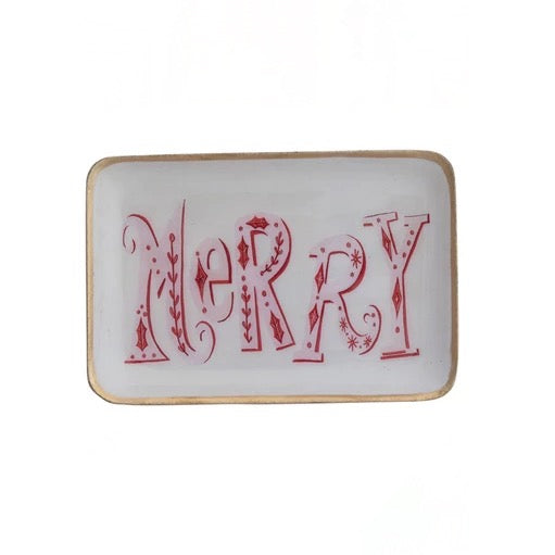 Holiday Pink Deco Enameled Metal Tray - "Merry" - Creative Co Op - S&H