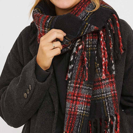 Fringed Knit Scarf - Black Plaid - Sweetkama - S&H